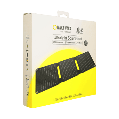 WakaWaka Solar 20 tragbares Solarpanel in der Verpackung mit der Aufschrift Ultralight Solar Panel