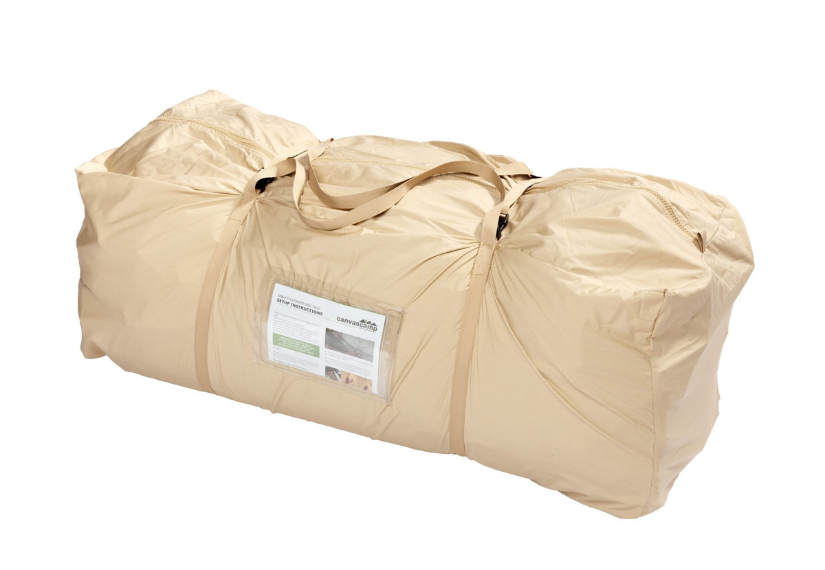 Tragetasche Sibley Bell Tent, große beige Tasche mit Tragegurten und einem Etikett vorne