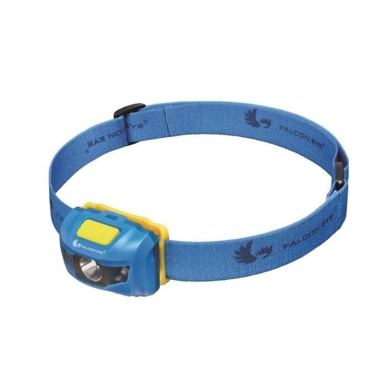 Falcon Eye FHL0011 Stirnlampe, blau mit gelber Halterung und blauem Kopfband mit Schnalle