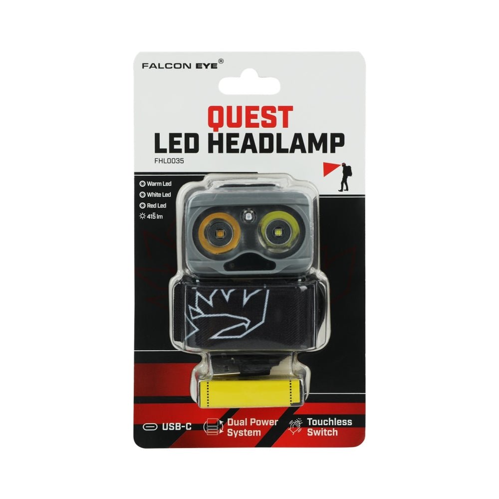 Falcon Eye Quest Stirnlampe in der Blisterverpackung, Vorderseite mit dem Aufdruck Quest