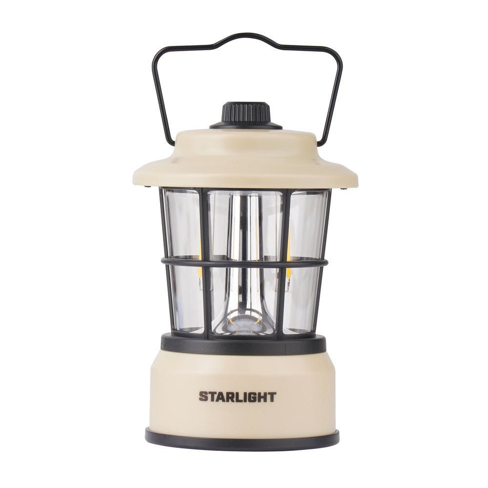 Falcon Eye Starlight Campinglampe in Beige mit schwarzem Bügel, Drehknopf und Gitter um die Lämpchen