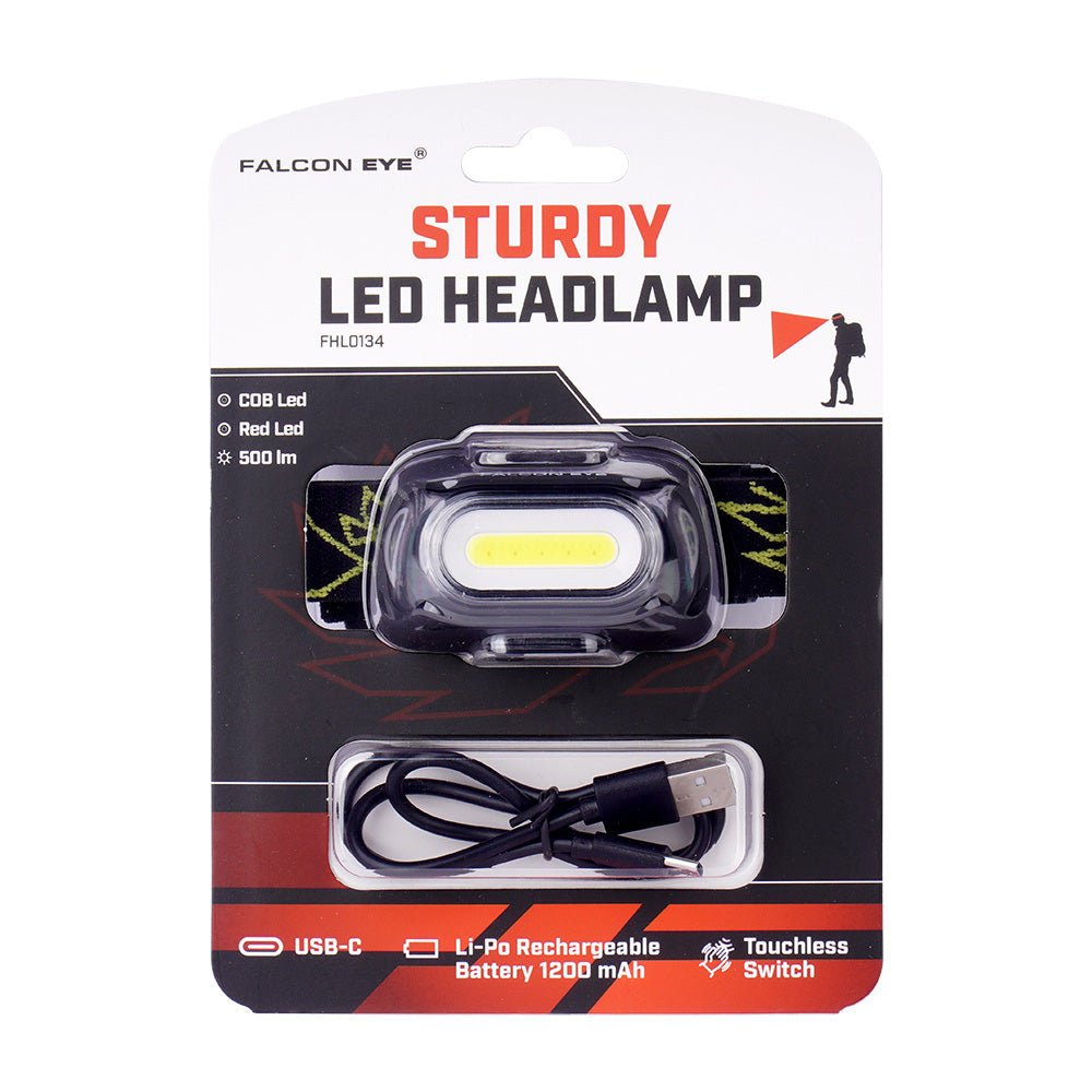 Falcon Eye Sturdy Stirnlampe in Blisterverpackung mit Ladekabel, Vorderseite
