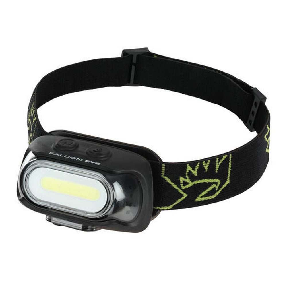 Falcon Eye Sturdy Stirnlampe mit breiter LED-Leuchte und schwarzem Kopfband mit gelbem Muster