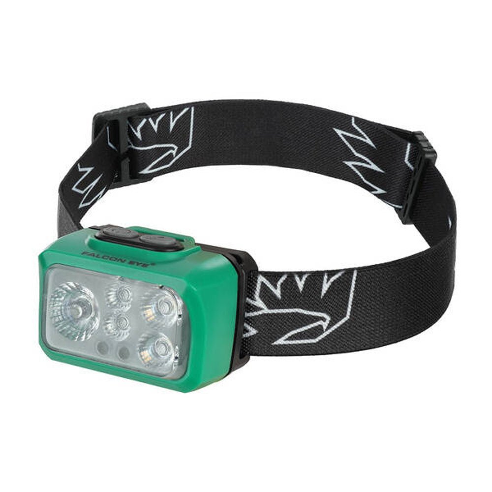 Falcon Eye Trek Stirnlampe in Grün mit mehreren LEDs und schwarzem Kopfband mit weißem Muster