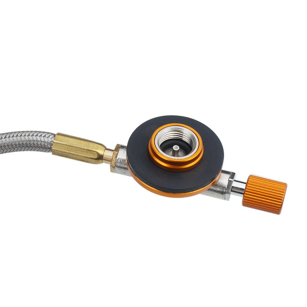 Fire Maple FMS-121 Anschluss für die Gaskartusche mit orangefarbenem Regelknopf und geflochtenem Schlauch