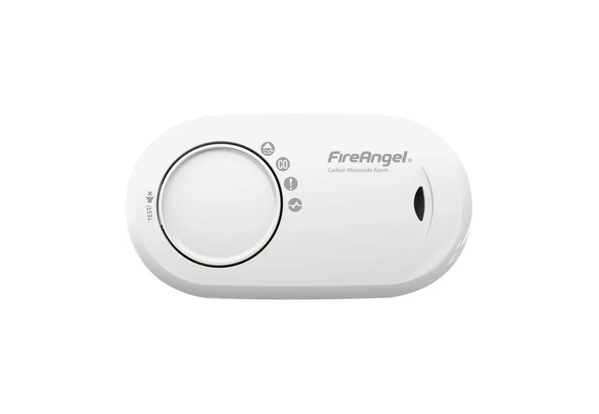 FireAngel CO-Melder in Weiß mit großer runder Testtaste und Statusleuchten