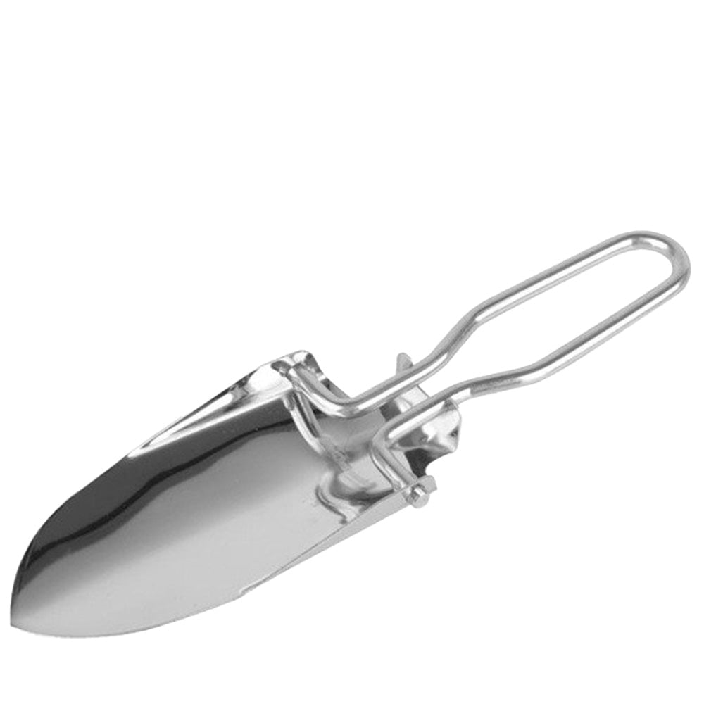 Fosco Mini Klappspaten aus glänzendem Metall, aufgeklappt mit dem Drahtgriff