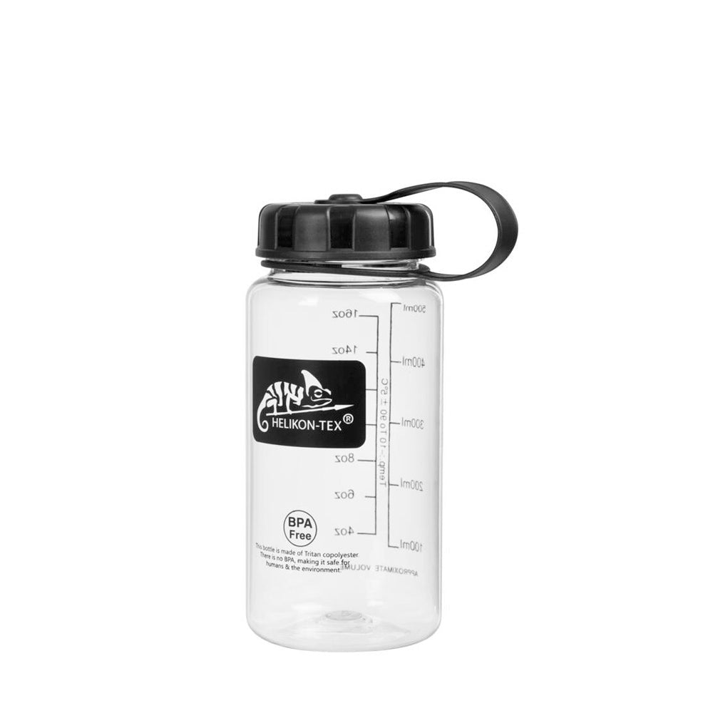 Helikon Tourist Trinkflasche, durchsichtige Flasche mit Maßeinteilung und schwarzem Deckel mit Schlaufe