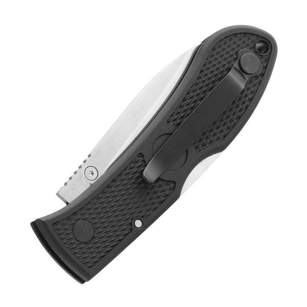 Ka-Bar Dozier Klappmesser zugeklappt, Rückseite des schwarzen Griffs mit Taschenclip