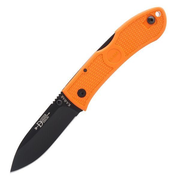 Ka-Bar Dozier Klappmesser mit orangefarbenem Griff und schwarzer Klinge, aufgeklappt