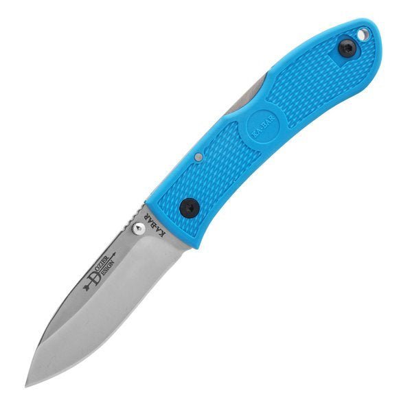 Ka-Bar Dozier Klappmesser mit blauem Griff und silberner Klinge, aufgeklappt