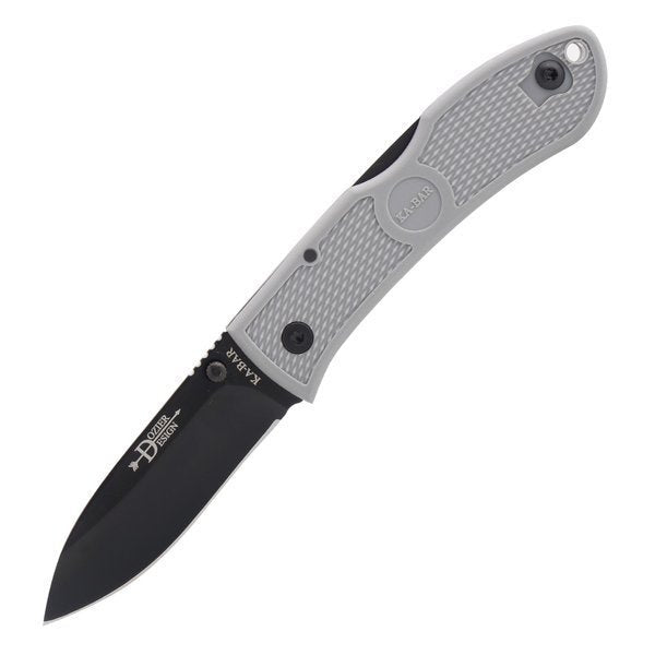 Ka-Bar Dozier Klappmesser mit grauem Griff und schwarzer Klinge, aufgeklappt