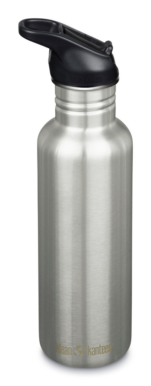 Klean Kanteen Classic 800 ml Trinkflasche aus gebürstetem Metall mit schwarzem Sportdeckel