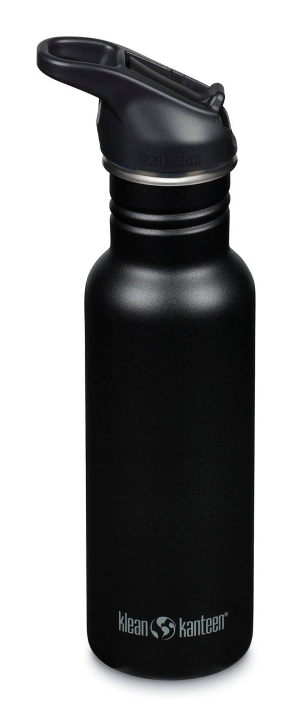Klean Kanteen Classic Narrow Trinkflasche in Mattschwarz mit schwarzem Sportdeckel und Logo unten