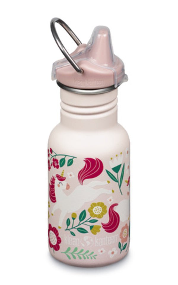 Klean Kanteen Kid Kanteen in Hellrosa mit Einhörnern und Blumen, rosa Trinkschnabel mit Ring