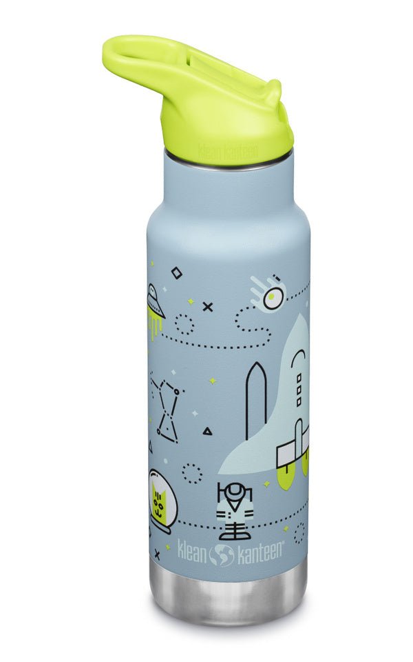 Klean Kanteen Kid Kanteen isolierte Flasche in Graublau mit Rakete und Weltraum-Print, gelber Deckel