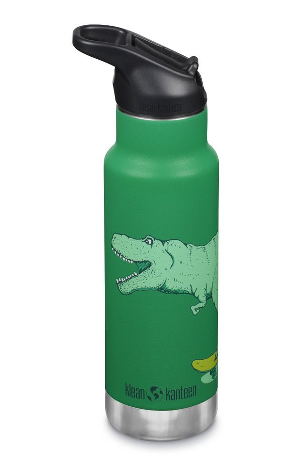 Klean Kanteen Kid Kanteen isolierte Flasche in Grün mit Dinosaurier und schwarzem Sportdeckel