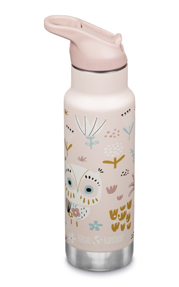 Klean Kanteen Kid Kanteen isolierte Trinkflasche in Hellrosa mit Eule und Blumen