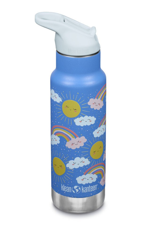 Klean Kanteen Kid Kanteen isolierte Flasche in Blau mit Sonnen, Wolken und Regenbögen