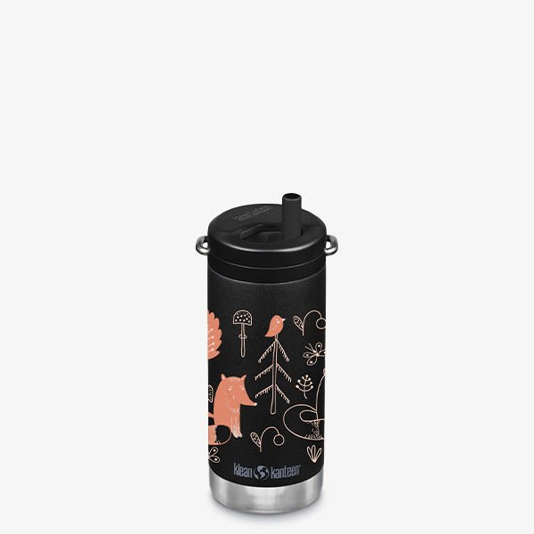 Klean Kanteen TKWide Twist Cap in Schwarz mit Print von Fuchs, Bäumen und Pilz