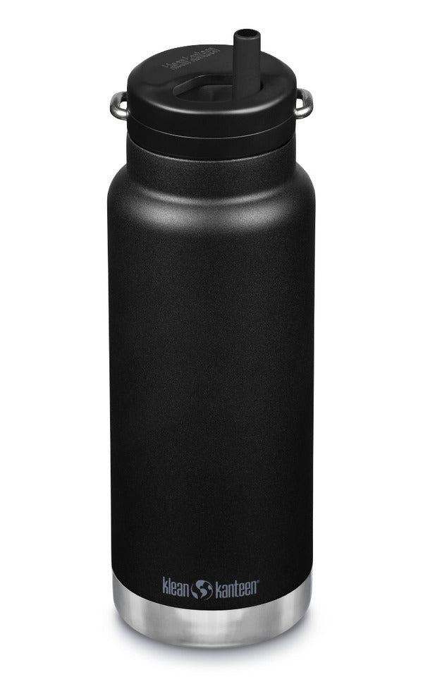 Klean Kanteen TKWide 946 ml Twist Cap in Schwarz mit Strohhalm und Boden aus Stahl