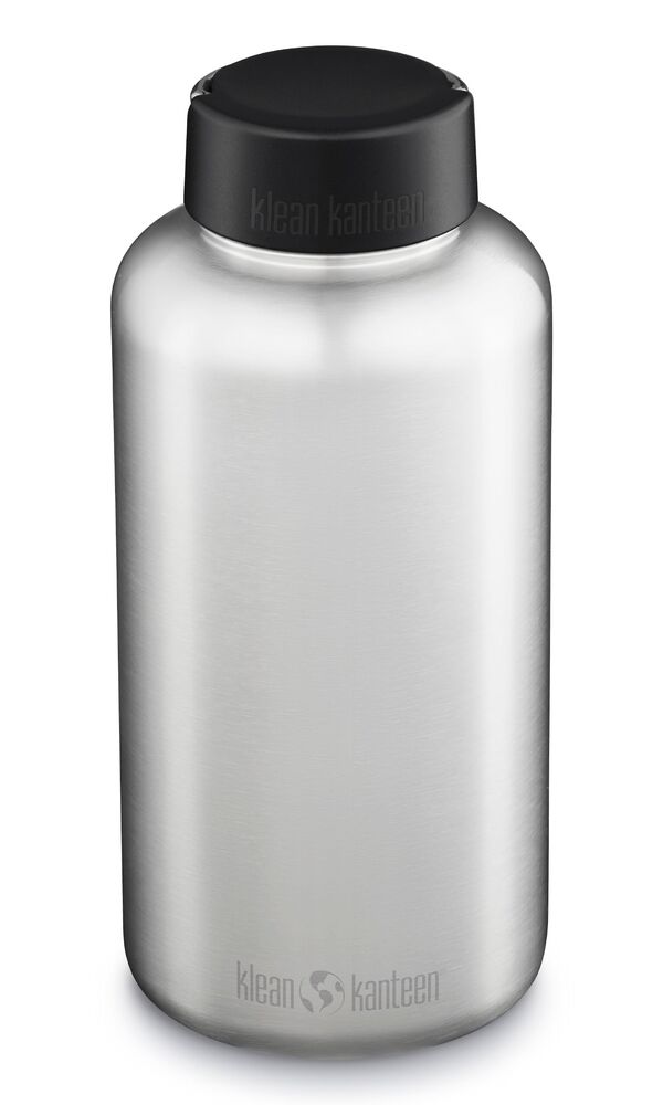 Klean Kanteen Wide 1900 ml Trinkflasche aus Metall mit schwarzem Deckel und Logo, stehend von vorne