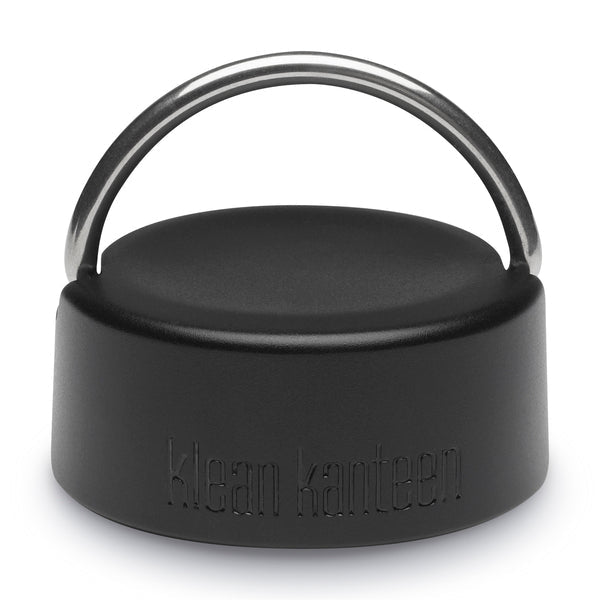 Klean Kanteen Wide Loop Cap, schwarzer Deckel mit Tragebügel aus Metall und geprägtem Logo