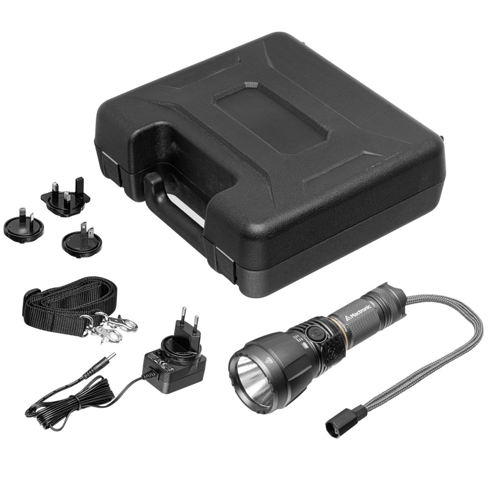 Mactronic Blitz K3 mit schwarzem Koffer, Schultergurt, Ladegerät, Adaptersteckern und flexiblem Kabel