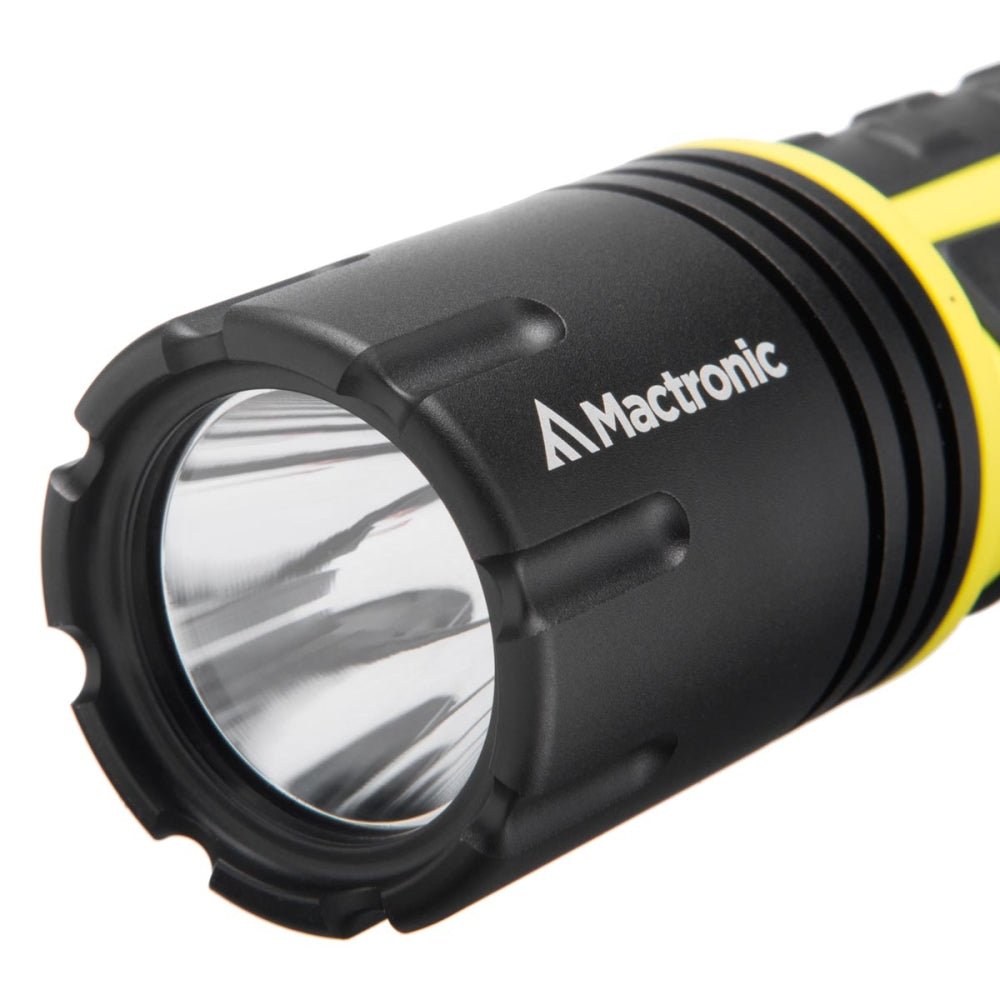 Mactronic Dura Light 920 Detail des schwarzen Lampenkopfs mit Reflektor und Logo