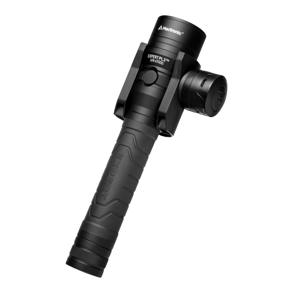 Mactronic Expert PL3 Taschenlampe in Schwarz mit Winkelkopf in einer Halterung und geripptem Griff