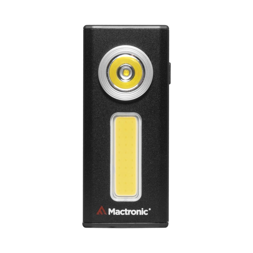 Mactronic Flagger 650 Taschenlampe, flach und schwarz mit rundem Spot und COB-Arbeitslicht, von vorne