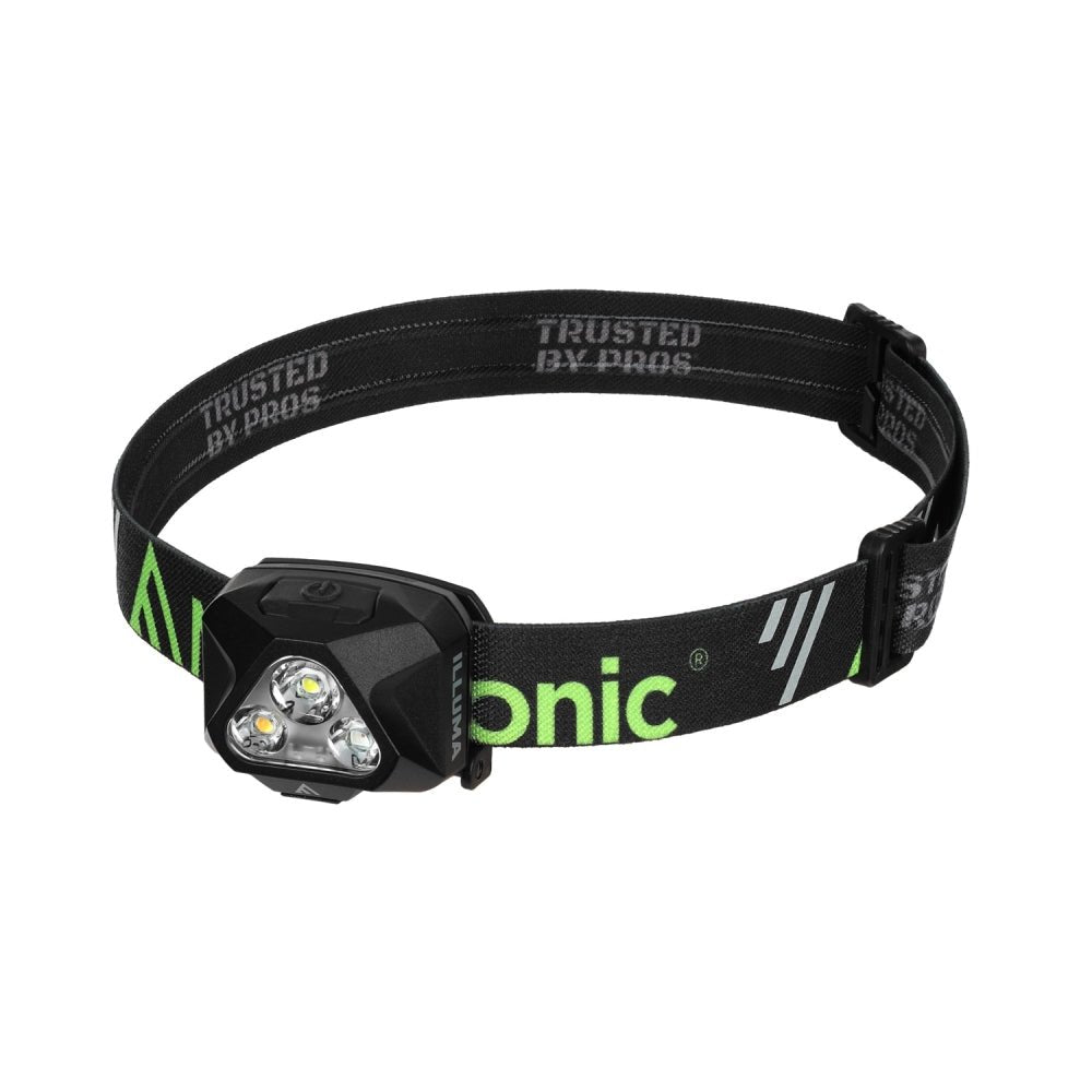 Mactronic Illuma Stirnlampe mit drei LEDs an einem schwarzen Kopfband mit grünem Aufdruck