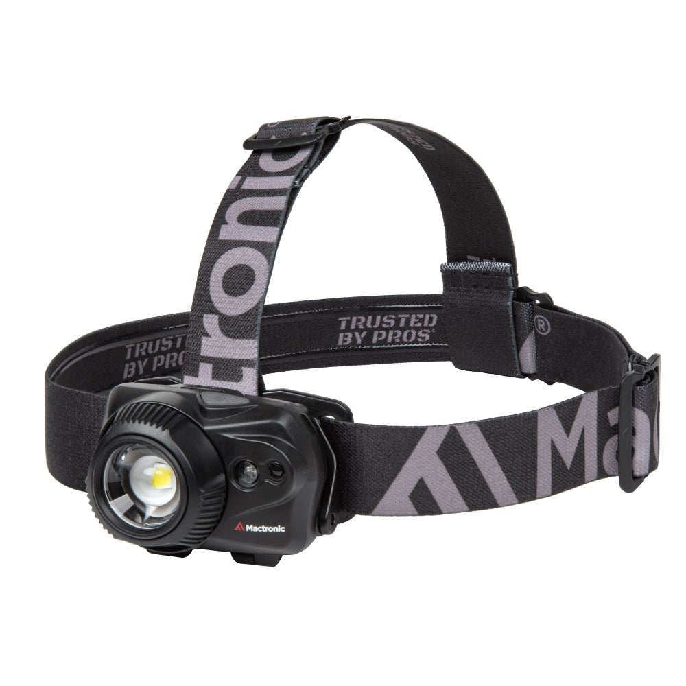 Mactronic Maverick Stirnlampe mit großer Linse an einem schwarz-grauen Kopfband mit Scheitelband