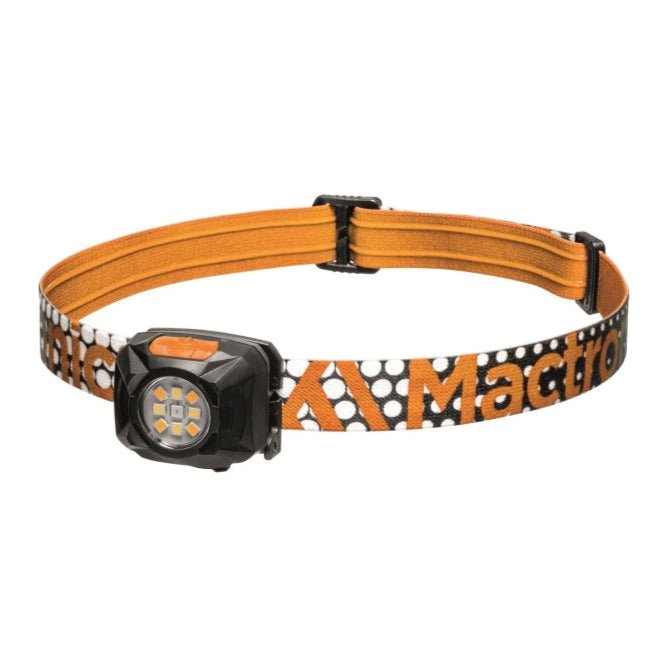 Mactronic Rebel Stirnlampe mit einer Reihe LEDs an einem orangefarbenen Kopfband mit schwarz-weißem Aufdruck