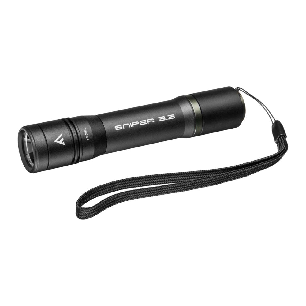 Mactronic Sniper 3.3 Taschenlampe, schwarz und aufladbar, mit Handschlaufe, schräg von vorne