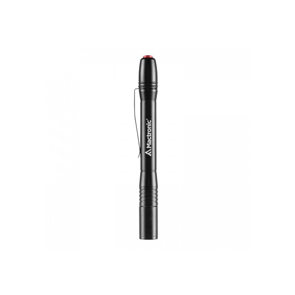 Mactronic Sunscan 5.1 Penlight aufrecht von der Seite gesehen, mit Clip und rotem Knopf