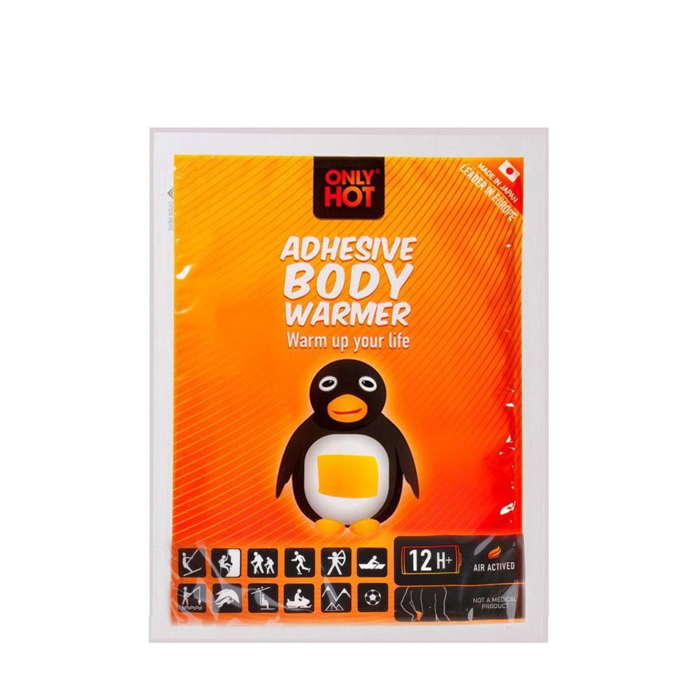 Only Hot Körperwärmer, selbstklebend, in orangefarbener Verpackung mit Pinguin und Aufschrift body warmer