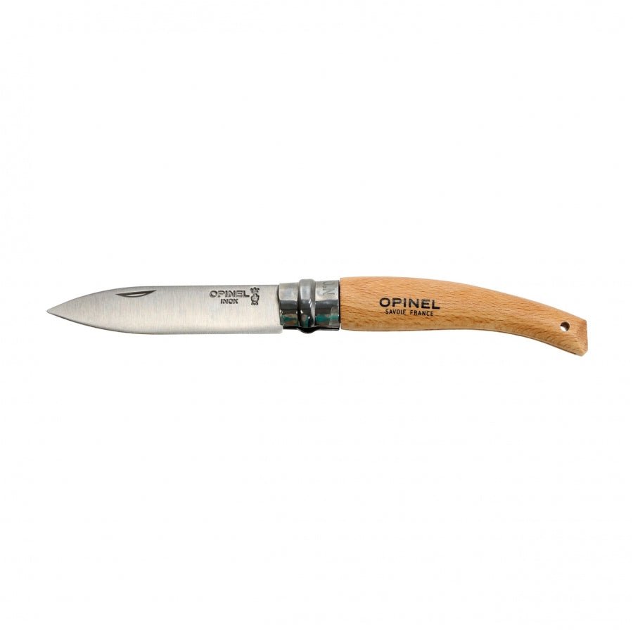 Opinel No. 08 Gartenmesser aufgeklappt, mit spitzer Klinge und hellem Holzgriff