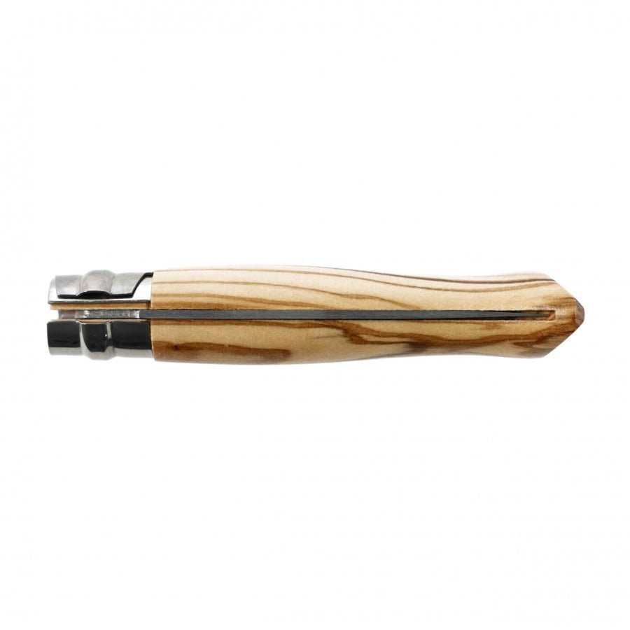 Opinel N°09 Inox zugeklappt von unten, die Klinge in der Nut des Griffs