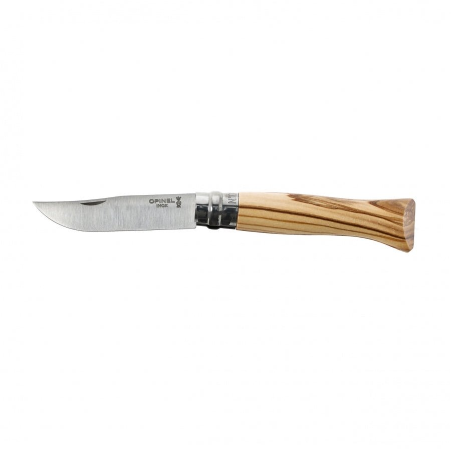 Opinel N°09 Inox aufgeklappt, mit Griff aus gestreiftem Holz