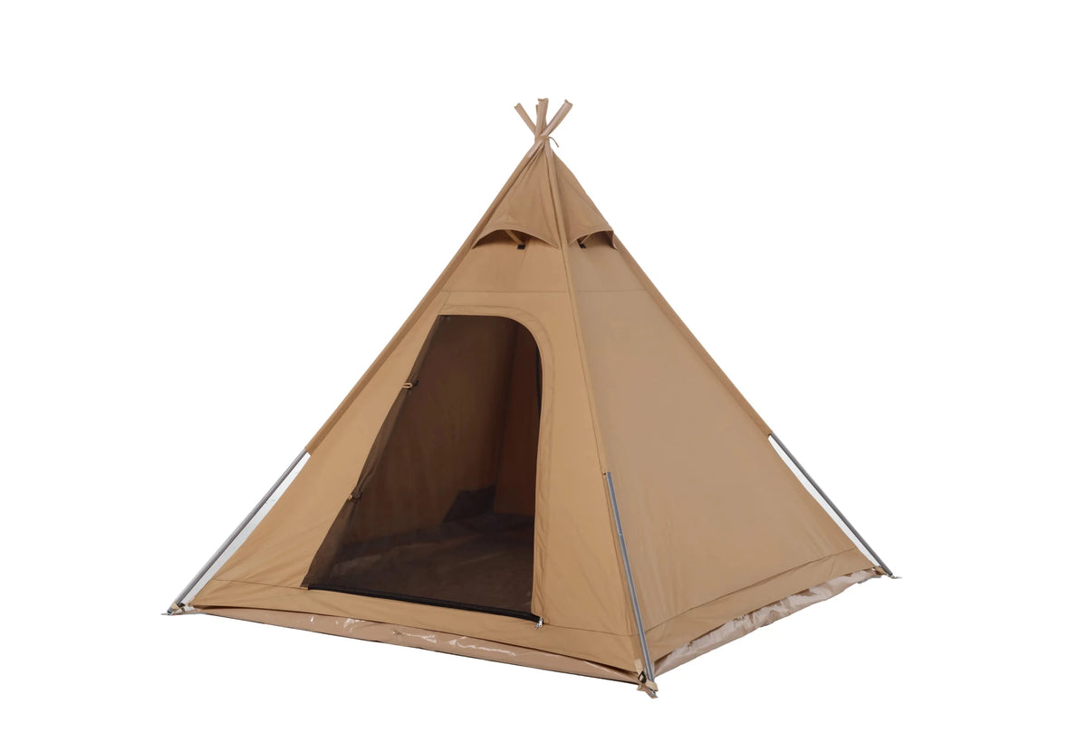 CanvasCamp Oryx schräg von vorne, Tipi mit gekreuzten Stangen und einer Netztür