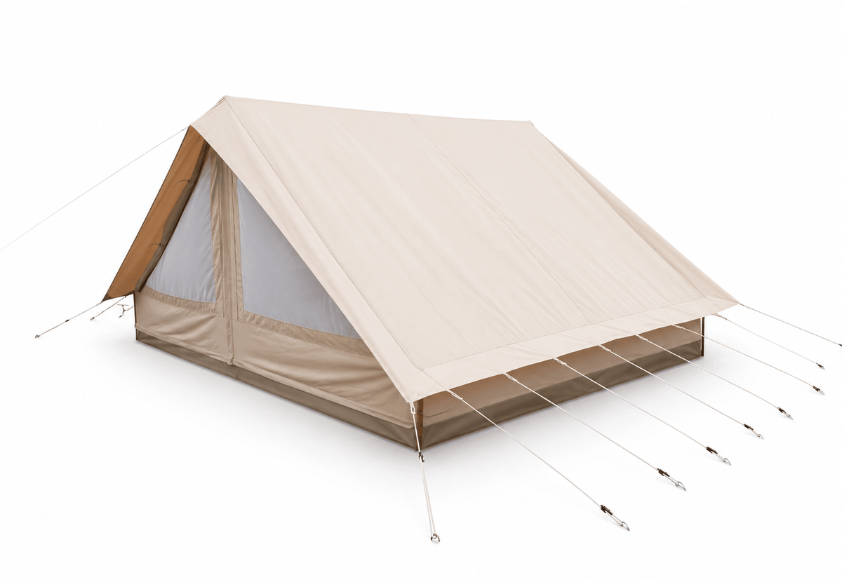 CanvasCamp Patrol Traveller schräg von der Seite mit Netzfenstern vorne und Abspannleinen