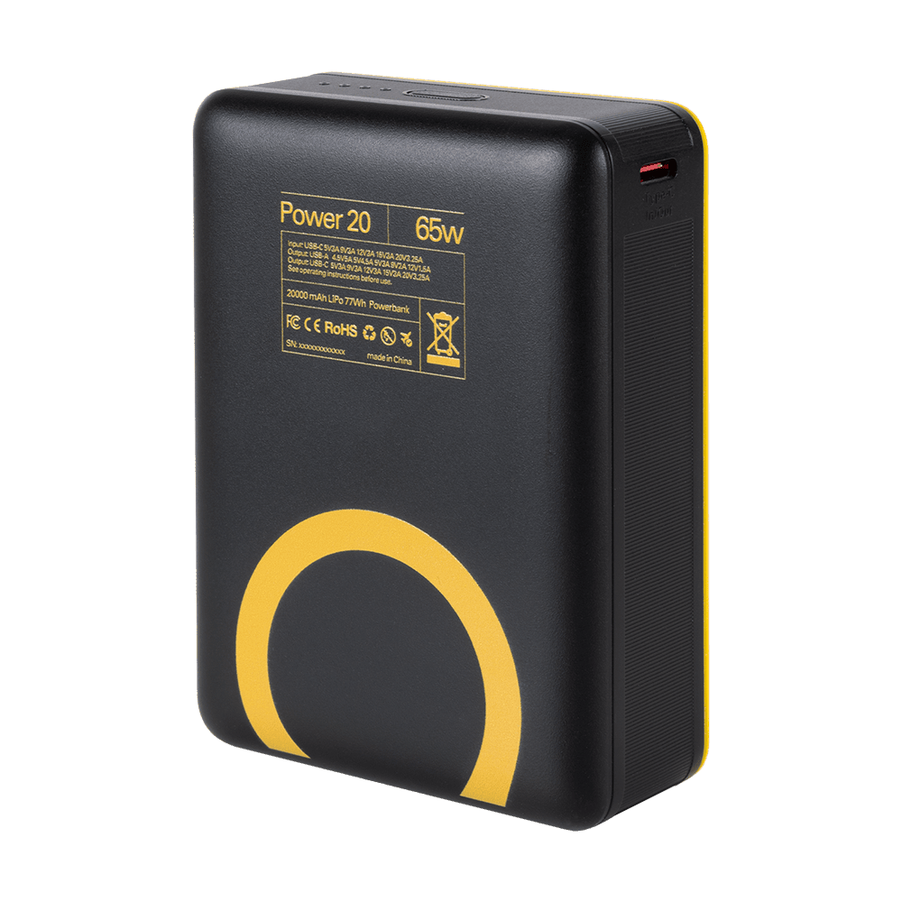 WakaWaka Power 20 Rückseite, schwarz mit gelbem Kreis und dem Typenschild Power 20 65W