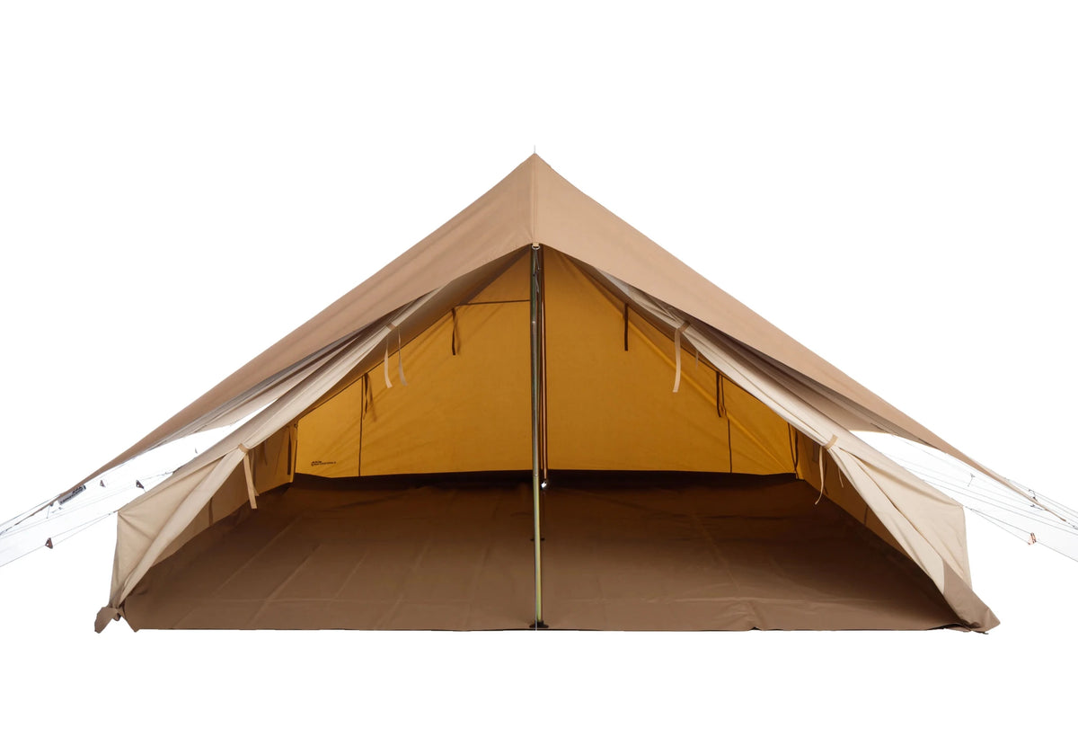 CanvasCamp Apex 4 x 6 von vorne mit aufgerollten Türen und Blick auf die Bodenplane