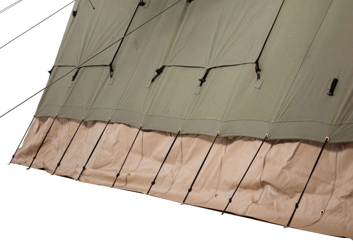 CanvasCamp Mess Apex 5 x 6 Detail des sandfarbenen unteren Randes der Seitenwand mit Leinen