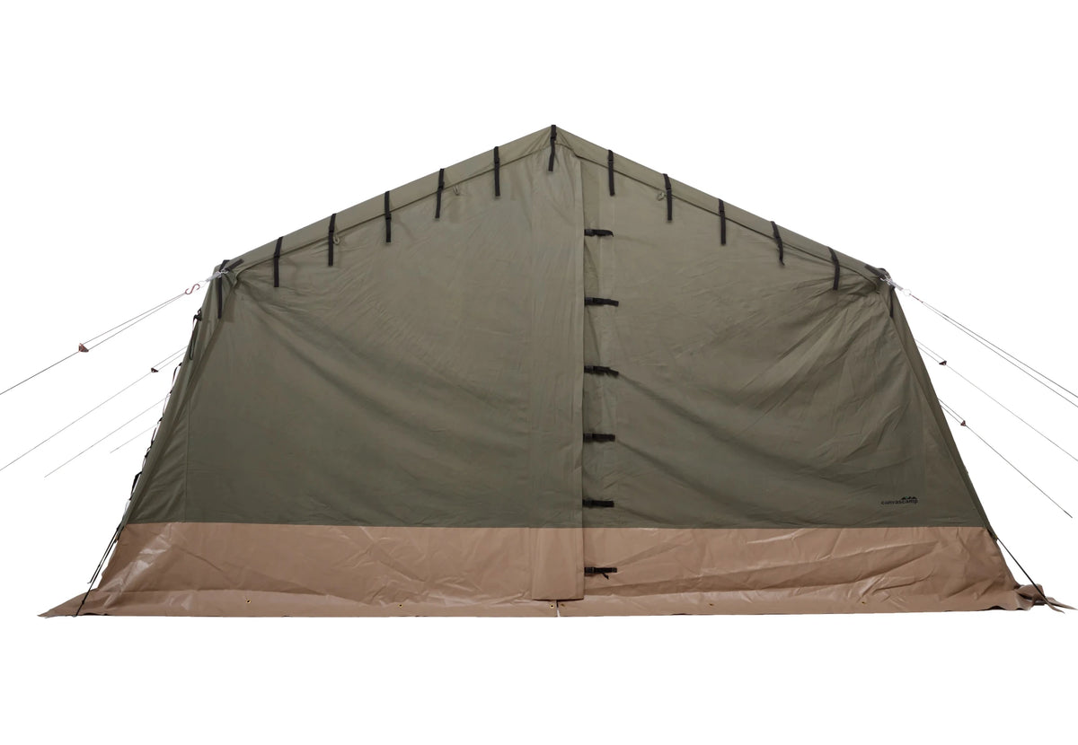 CanvasCamp Mess Apex 5 x 6 von hinten mit geschlossener Wand und einem Verschluss in der Mitte