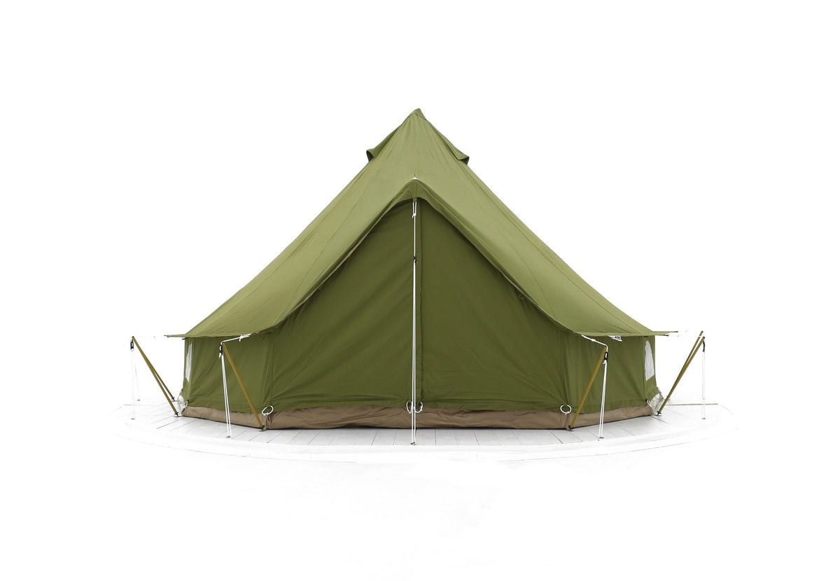 CanvasCamp Sibley ProTech 300 in grünem Canvas, gerade von vorne mit Abspannleinen