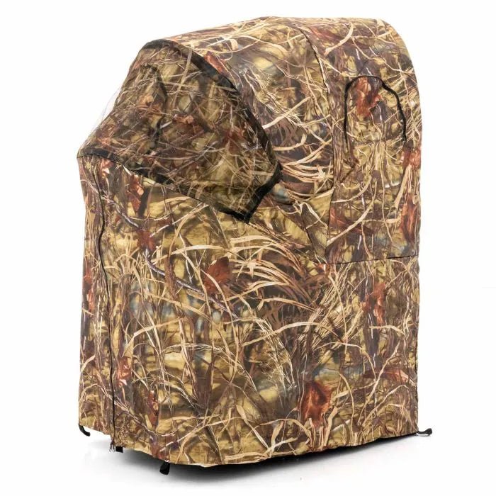 Stealth Gear Einmann-Stuhl Hide M2 in hellbrauner Schilftarnung mit der Haube nach vorn