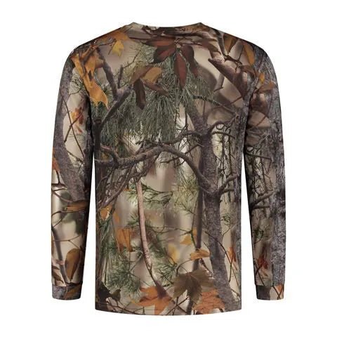 Stealth Gear Langarmshirt Camouflage, Rückseite mit Baumstämmen und Herbstlaub