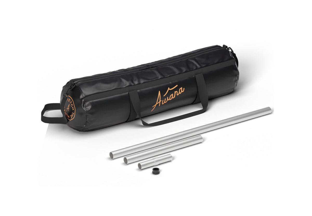 Stretch Tent Q1 Stangenset, schwarze Tragetasche mit losen Aluminium-Stangenteilen davor